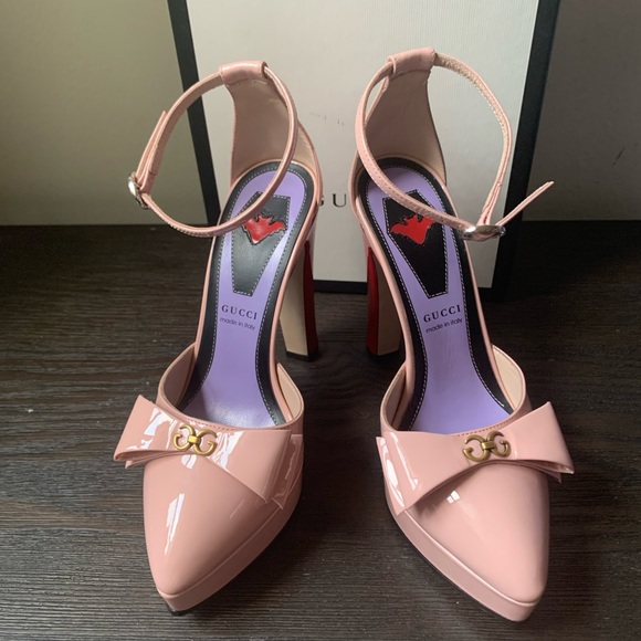 GUCCI Patent Crystal GG Bow Sadie Spike Ankle Strap d'Orsay Platform High Heel P - Picture 10 of 14